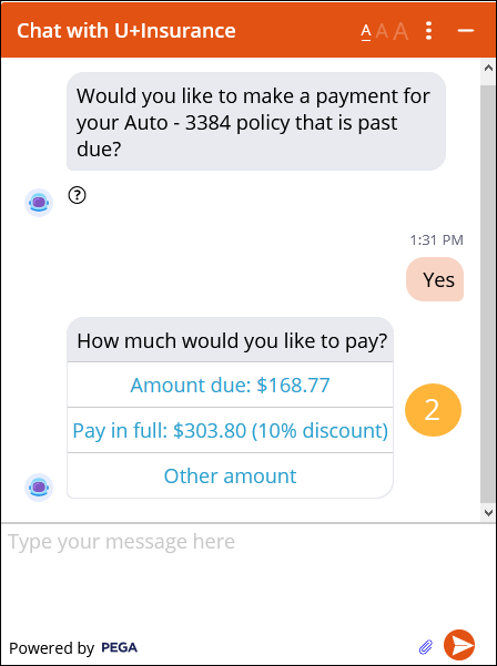 The chatbot suggests the policy for the payment and displays options for the payment amount