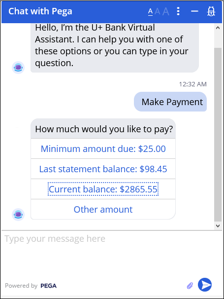 Chat window showing minimum amount due and balance in response to customer payment request