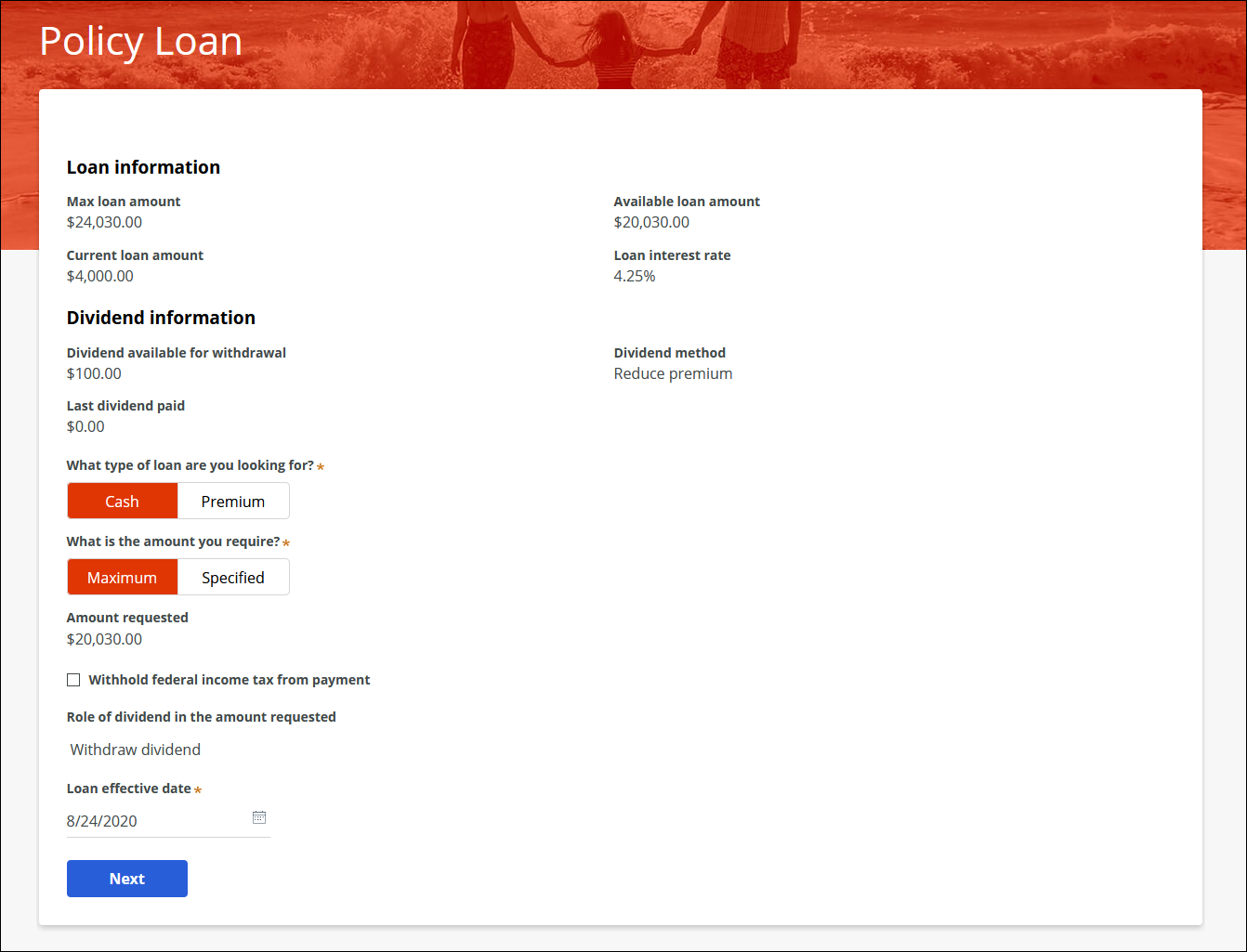 The page in the self-service portal where the policyholder enters policy loan details, such as loan type and requested amount