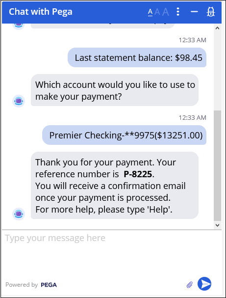 Chat window that shows account selected for payment