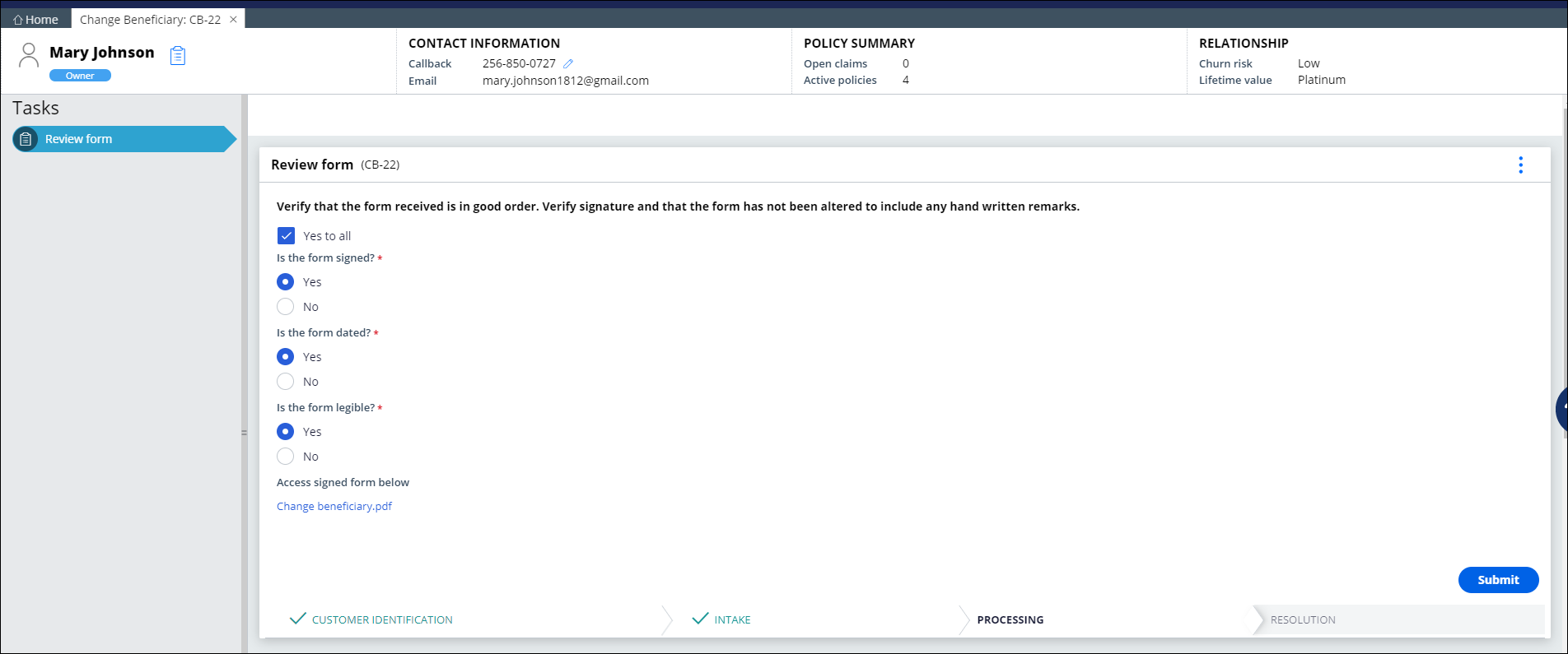 The Back office portal screen where forms returned by customers are uploaded after verification