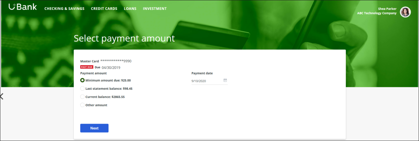 Credit card example that shows the select payment amount screen, with minimum amount due and last statement balance