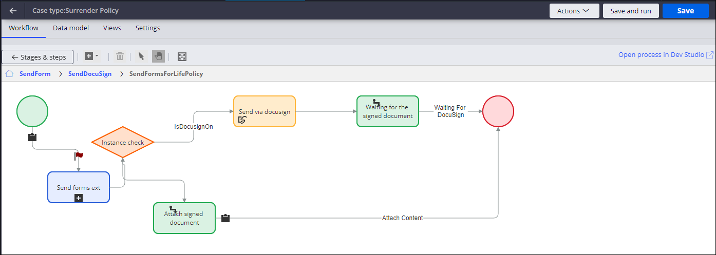 The SendFormsForLifePolicy flow, which defines how the forms returned by customers are received and uploaded, with and without DocuSign