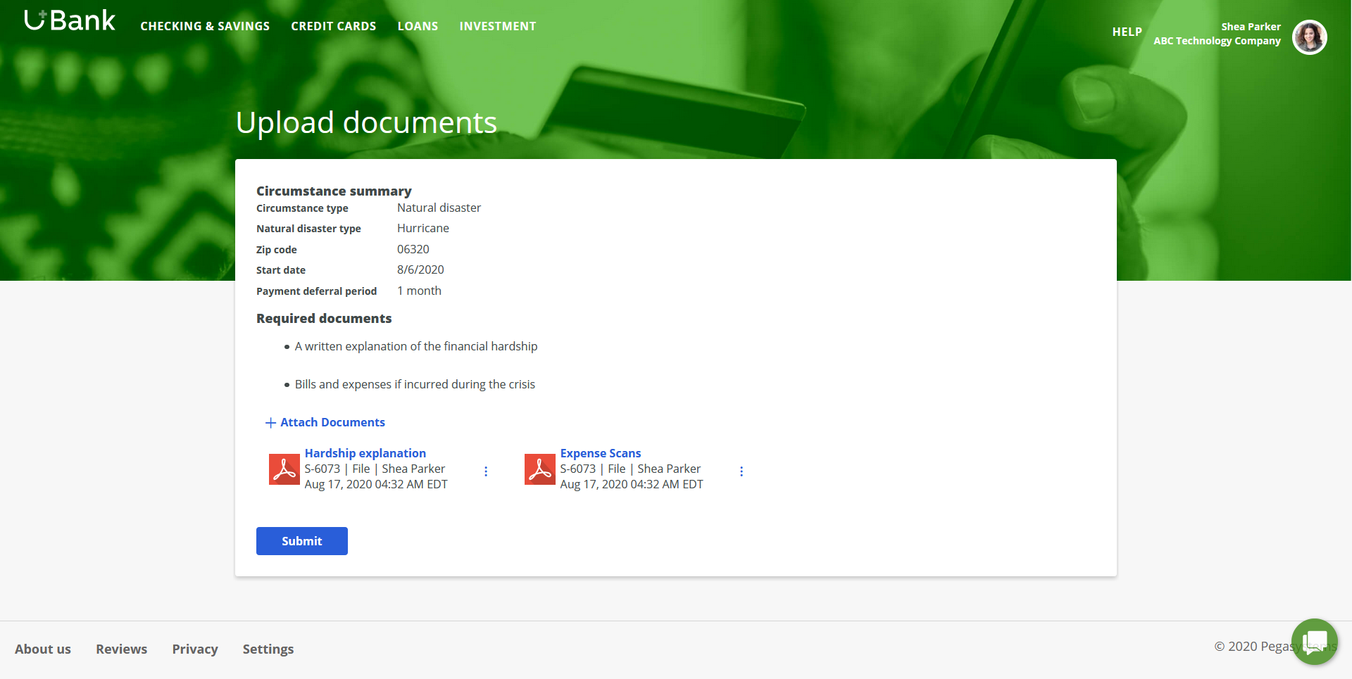 Uploading documents, including description of financial hardship and bills and expenses
