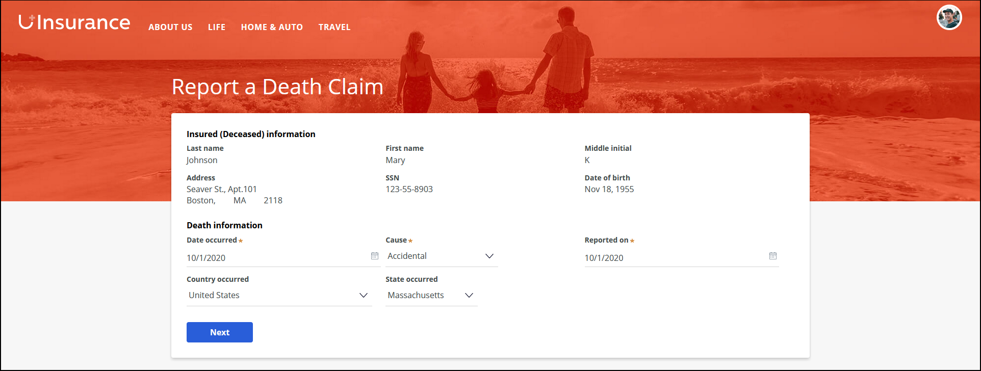 The page in the self-service portal where the customer enters details of the death claim