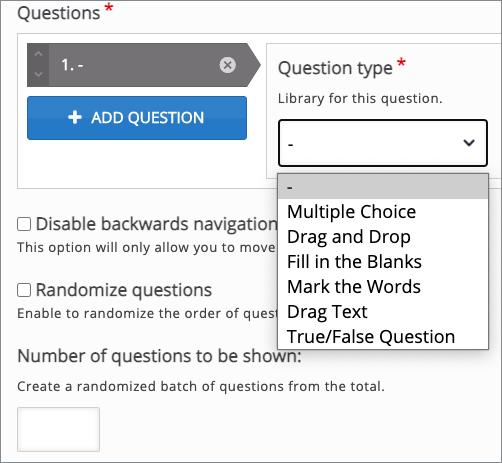 "select the question type to add to the mission test"