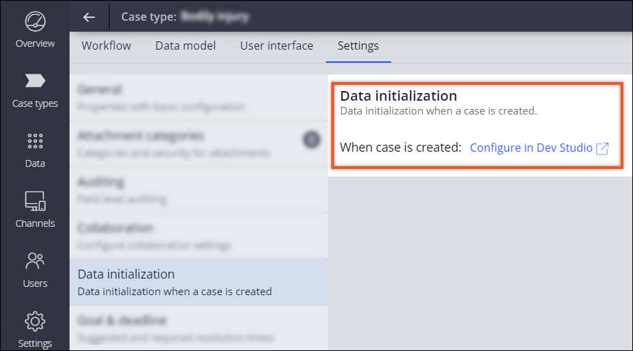 Data initialization menu on the Settings tab of a case type