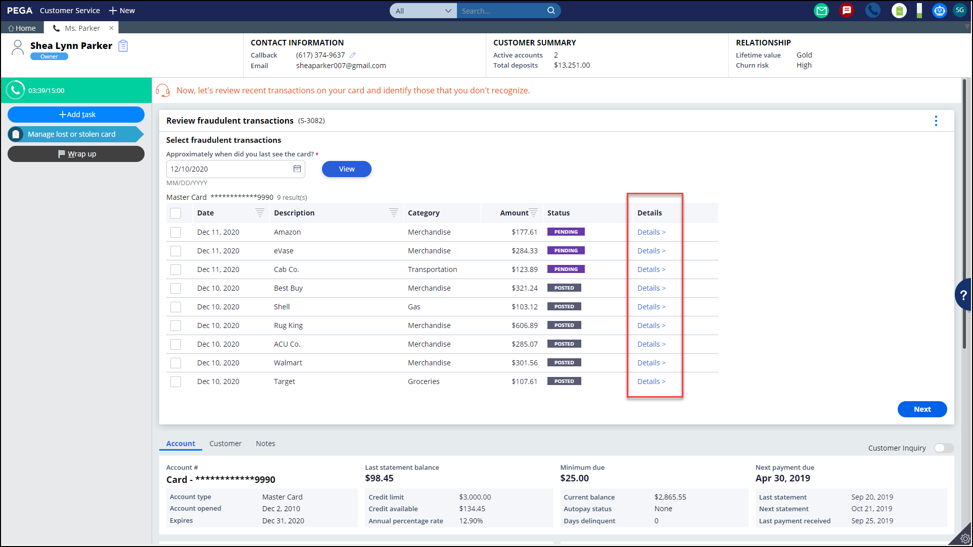 CSR view transaction details