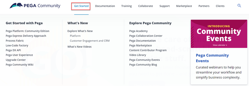 The Get Started tab on Pega Community shows the different features and content for you to explore.