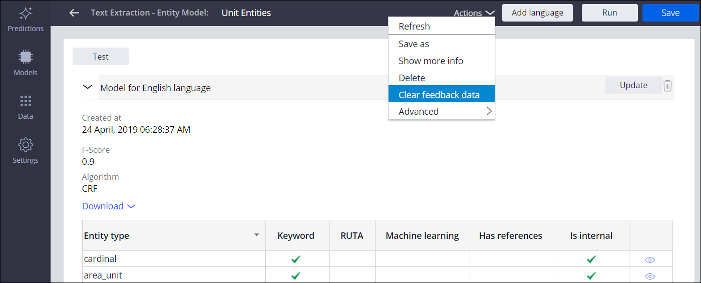 A model is open in Prediction Studio. The Actions menu is open and the Clear feedback data option is selected.