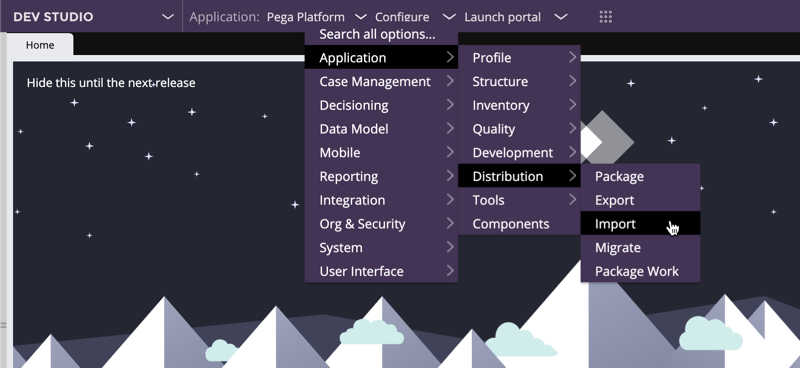 Dev Studio application import menu navigation