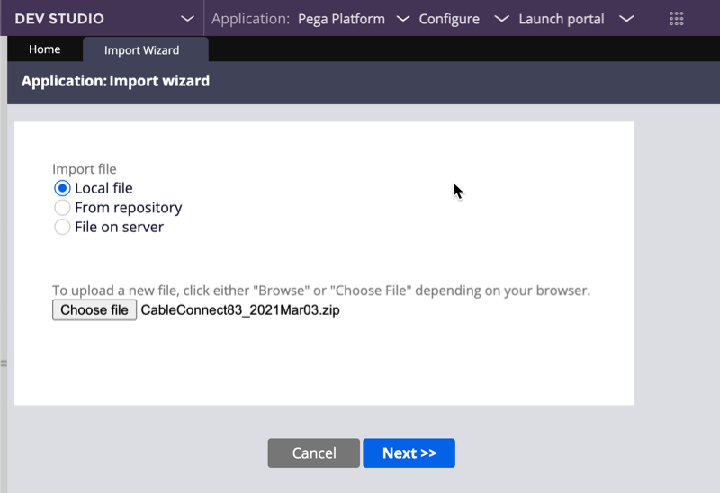 Application import file selection