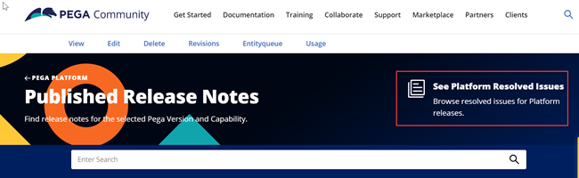 From the Pega Community Documentation menu, go to Documentation Resources to click Platform Release Notes to see the link to the Resolved Issues page.