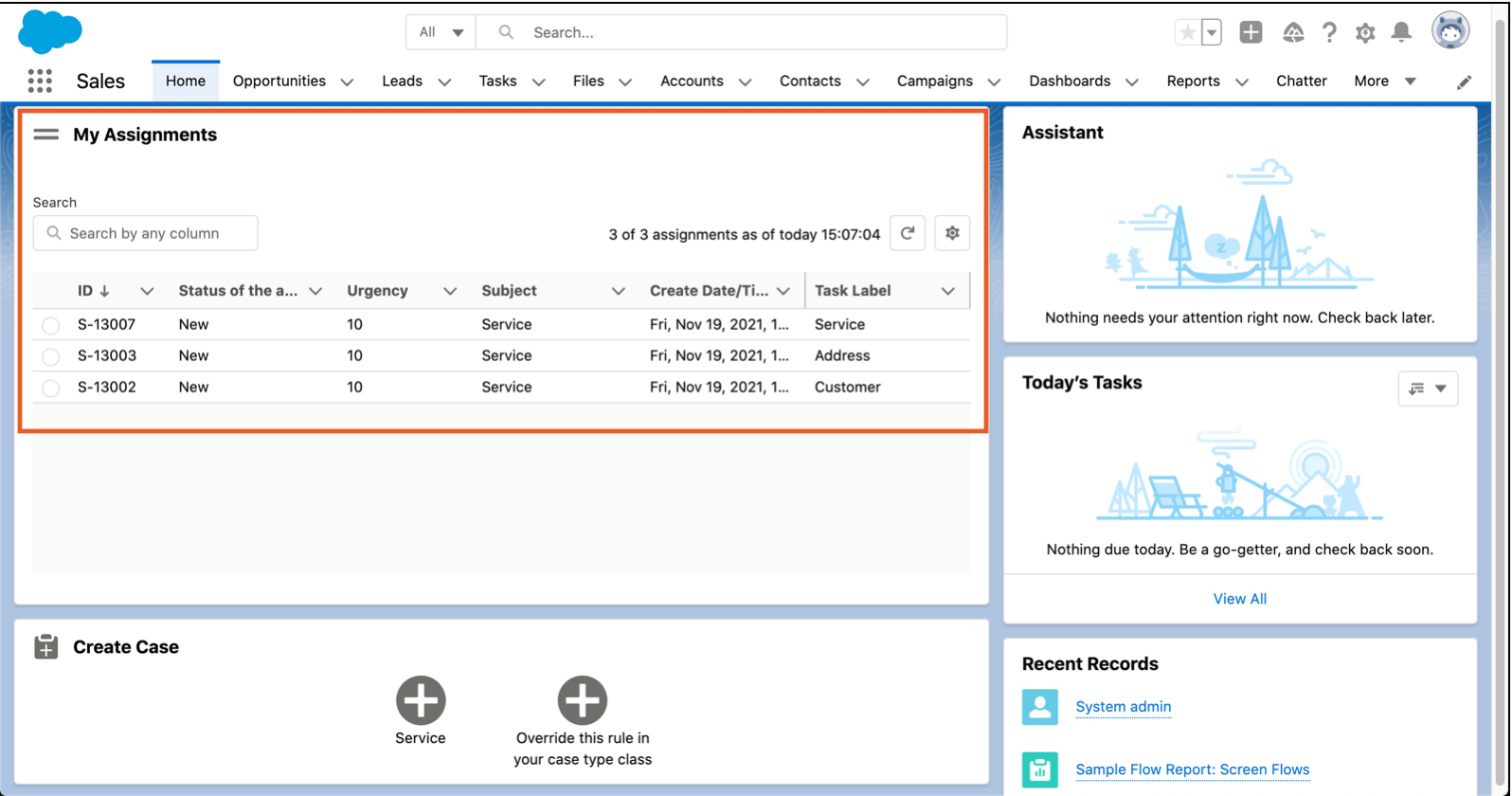 Figure showing the Home screen in Salesforce Lightning with the Assignments section highlighted