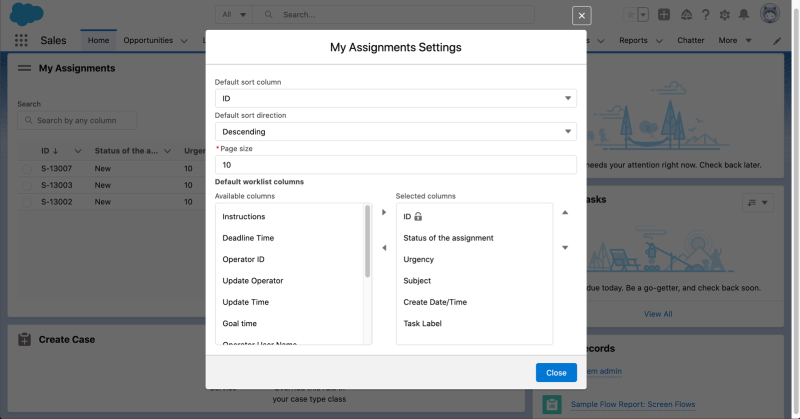 Figure showing the customization options available in the My Assignments component