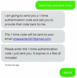 Example of customer asking the Chatbot to send a one-time code