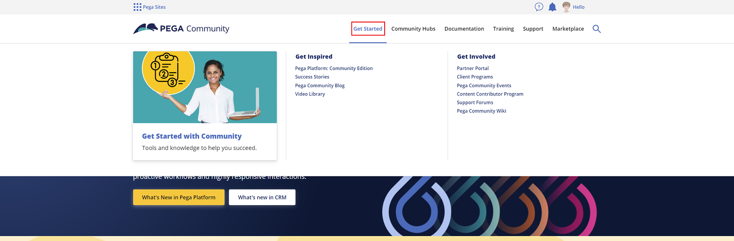 The Get Started tab on Pega Community shows the different features and content for you to explore.