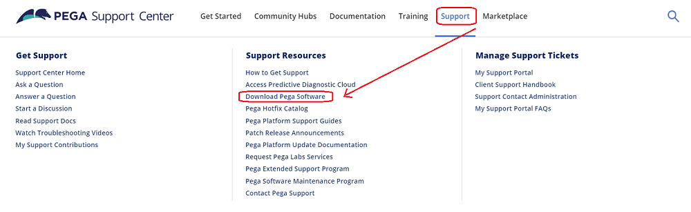 Navigation path from Support, Resources to Download Pega Software
