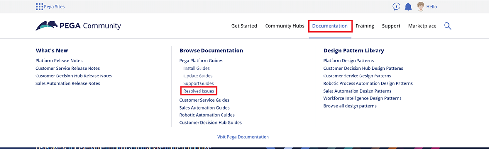From the Pega Community main menu, hover your mouse pointer over Documentation to see the Browse Documentation menu. Click Resolved Issues