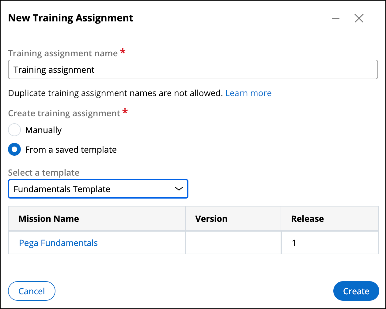 New Training assignment - adding missions from template